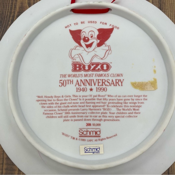 Schmid Bozo The Clown Plate Wall Plaque Vtg 50 Anniversary Porcelain 7 In Flaws - Picture 9 of 9